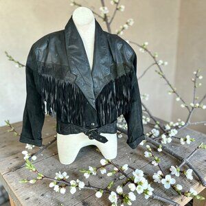 Winlit Vintage 80s Western Cowgirl Jacket Black Leather With Fringe